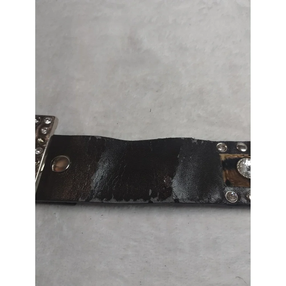 Leopard Print Rhinestone Studded Belt Faux Fur Western Glam Black‎ Brown 44.5in